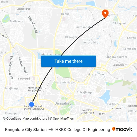 Bangalore City Station to HKBK College Of Engineering map
