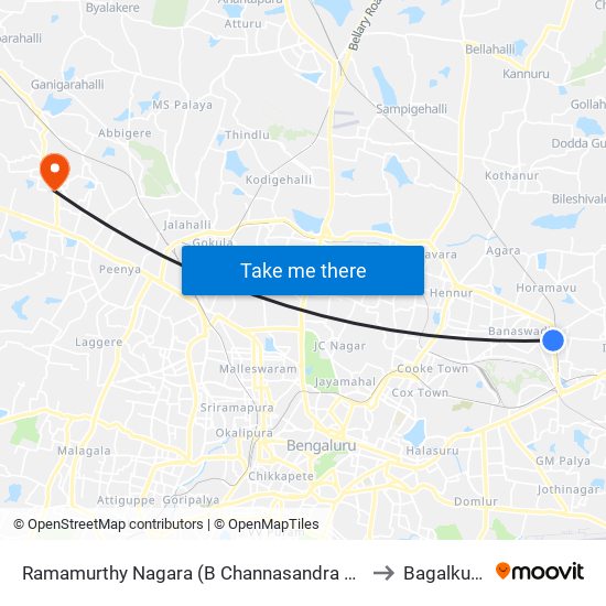 Ramamurthy Nagara (B Channasandra Bridge) to Bagalkunte map