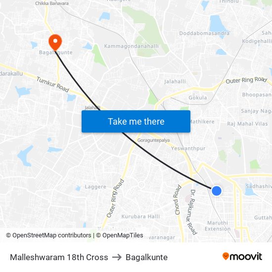 Malleshwaram 18th Cross to Bagalkunte map