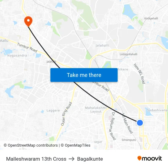Malleshwaram 13th Cross to Bagalkunte map