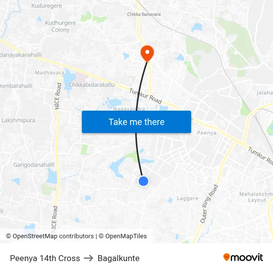 Peenya 14th Cross to Bagalkunte map