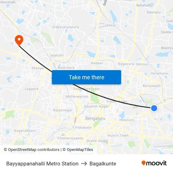 Bayyappanahalli Metro Station to Bagalkunte map
