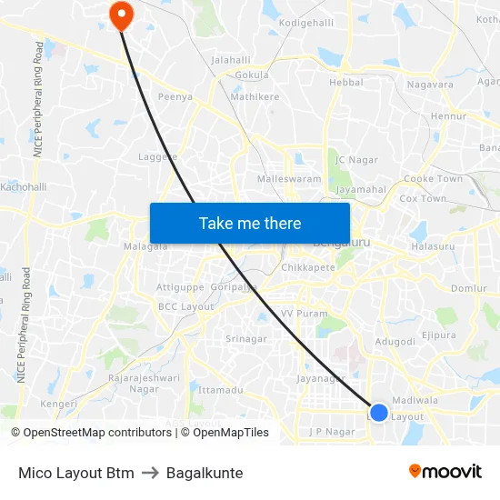 Mico Layout Btm to Bagalkunte map