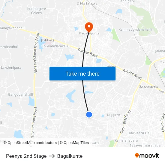 Peenya 2nd Stage to Bagalkunte map