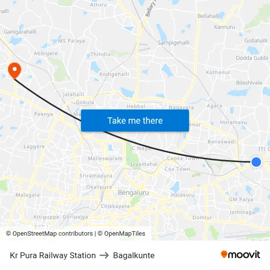 Kr Pura Railway Station to Bagalkunte map