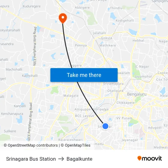 Srinagara Bus Station to Bagalkunte map