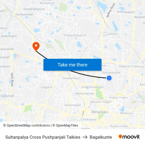 Sultanpalya Cross Pushpanjali Talkies to Bagalkunte map