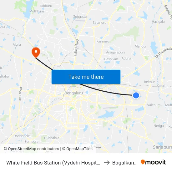 White Field Bus Station (Vydehi Hospital) to Bagalkunte map
