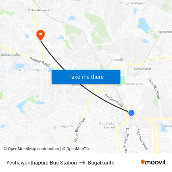 Yeshawanthapura Bus Station to Bagalkunte map