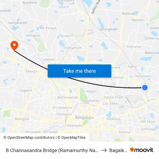 B Channasandra Bridge (Ramamurthy Nagara Ring Road) to Bagalkunte map