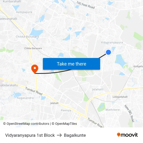Vidyaranyapura 1st Block to Bagalkunte map