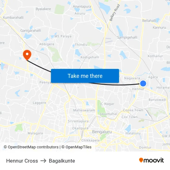 Hennur Cross to Bagalkunte map