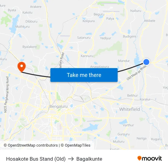 Hosakote Bus Stand (Old) to Bagalkunte map