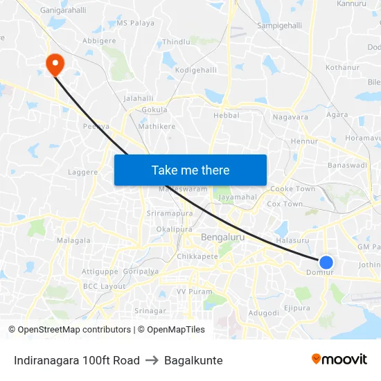 Indiranagara 100ft Road to Bagalkunte map