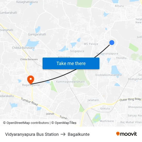 Vidyaranyapura Bus Station to Bagalkunte map