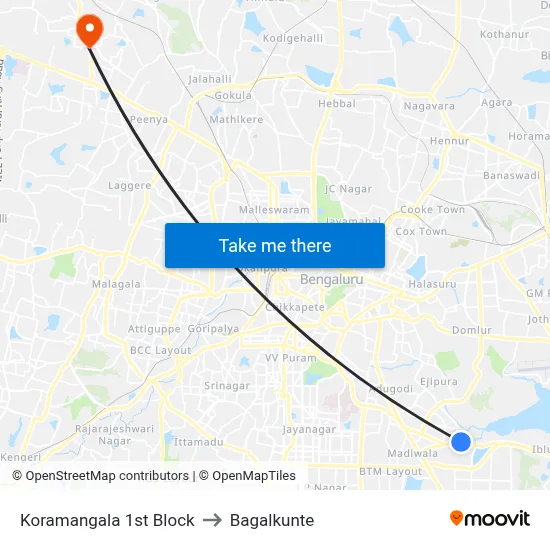Koramangala 1st Block to Bagalkunte map