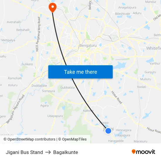 Jigani Bus Stand to Bagalkunte map