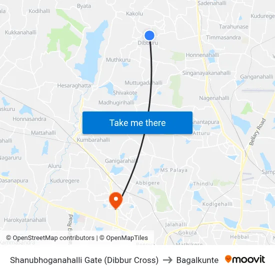 Shanubhoganahalli Gate (Dibbur Cross) to Bagalkunte map