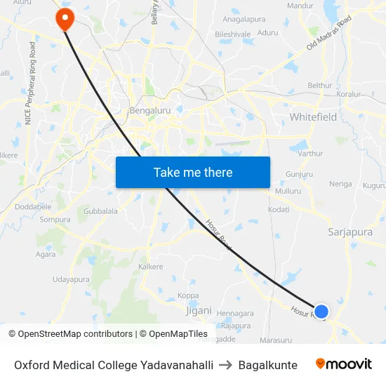 Oxford Medical College Yadavanahalli to Bagalkunte map