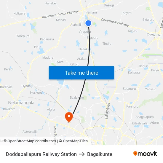 Doddaballapura Railway Station to Bagalkunte map