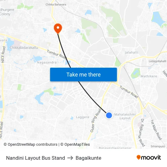 Nandini Layout Bus Stand to Bagalkunte map