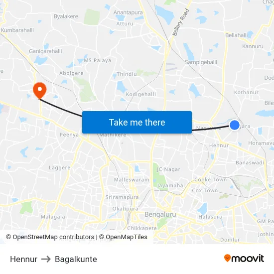 Hennur to Bagalkunte map