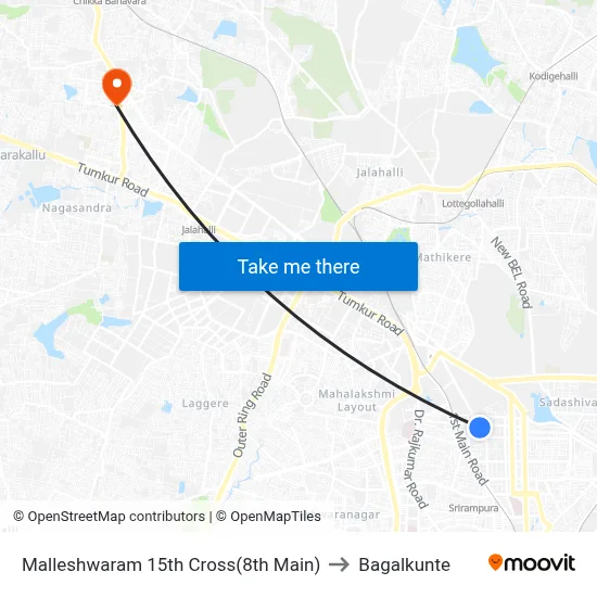 Malleshwaram 15th Cross(8th Main) to Bagalkunte map