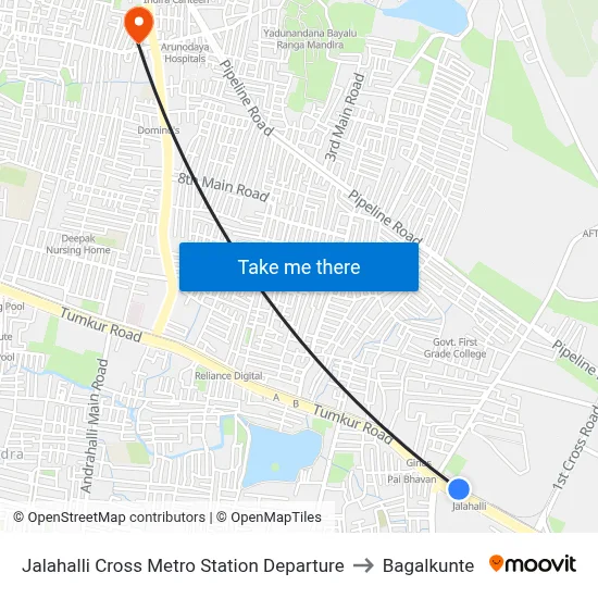 Jalahalli Cross Metro Station Departure to Bagalkunte map