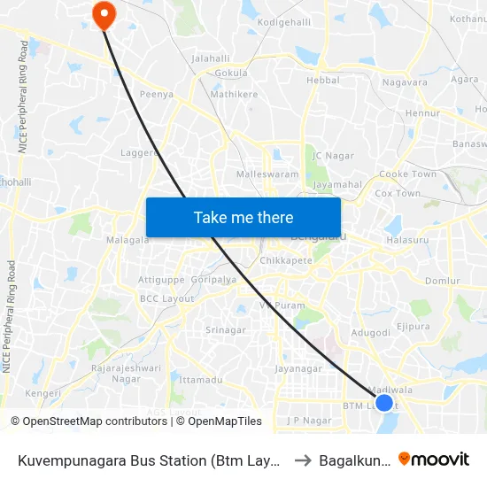 Kuvempunagara Bus Station (Btm Layout) to Bagalkunte map