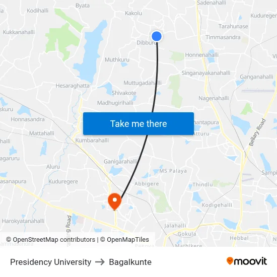 Presidency University to Bagalkunte map