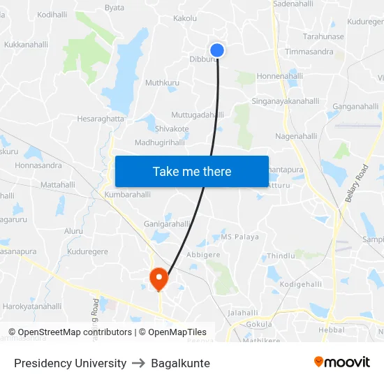 Presidency University to Bagalkunte map