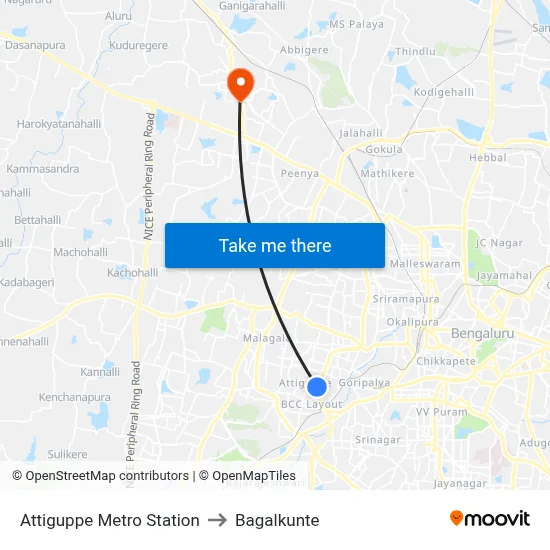 Attiguppe Metro Station to Bagalkunte map