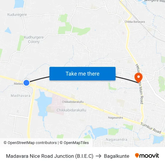 Madavara Nice Road Junction (B.I.E.C) to Bagalkunte map