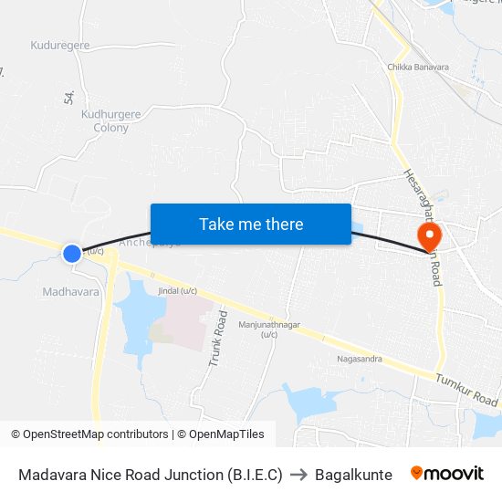 Madavara Nice Road Junction (B.I.E.C) to Bagalkunte map