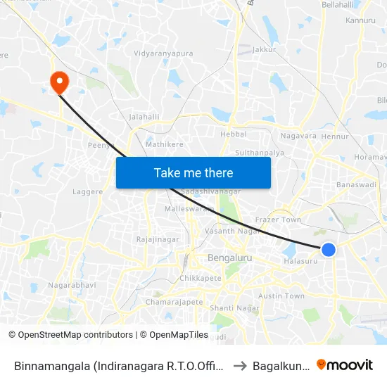 Binnamangala (Indiranagara R.T.O.Office) to Bagalkunte map