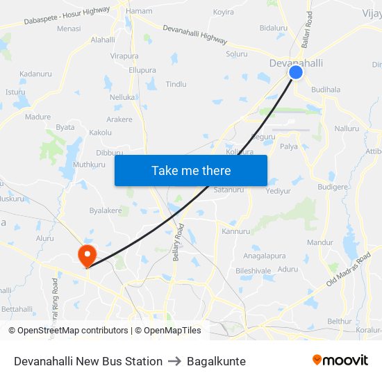 Devanahalli New Bus Station to Bagalkunte map