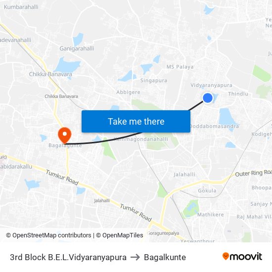 3rd Block B.E.L.Vidyaranyapura to Bagalkunte map