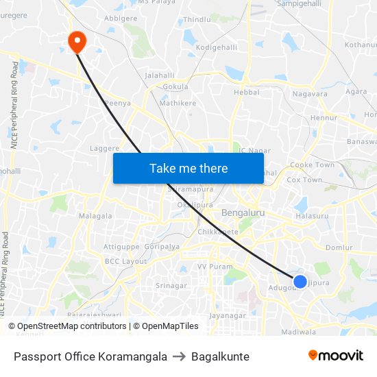 Passport Office Koramangala to Bagalkunte map