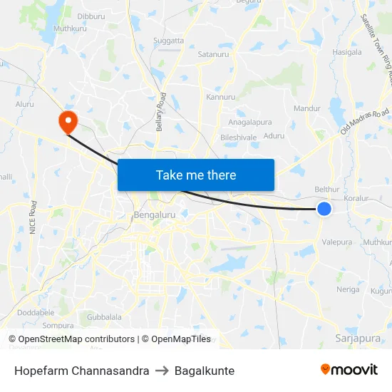 Hopefarm Channasandra to Bagalkunte map