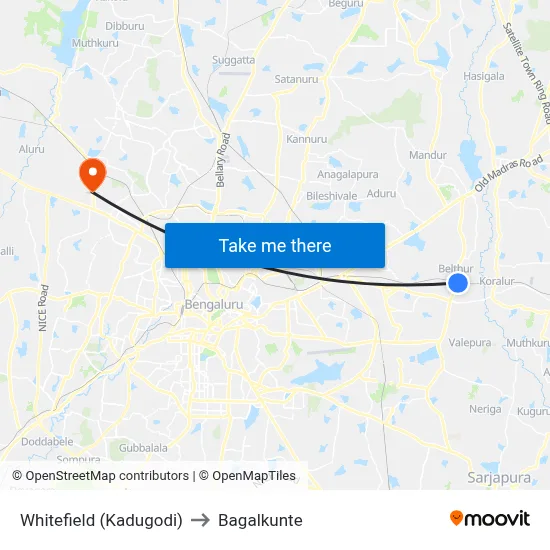 Whitefield (Kadugodi) to Bagalkunte map