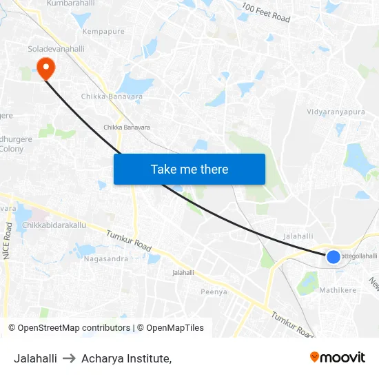 Jalahalli to Acharya Institute, map