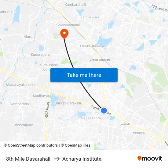 8th Mile Dasarahalli to Acharya Institute, map