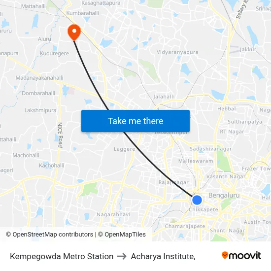 Kempegowda Metro Station to Acharya Institute, map