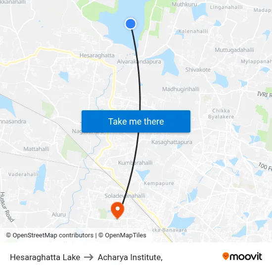 Hesaraghatta Lake to Acharya Institute, map