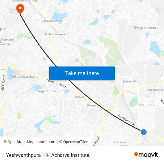 Yeshwanthpura to Acharya Institute, map