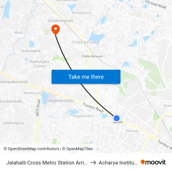 Jalahalli Cross Metro Station Arrival to Acharya Institute, map