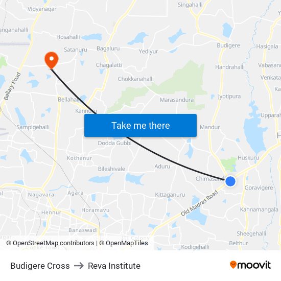 Budigere Cross to Reva Institute map