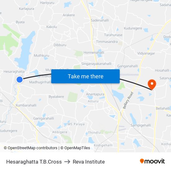 Hesaraghatta T.B.Cross to Reva Institute map