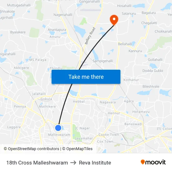 18th Cross Malleshwaram to Reva Institute map
