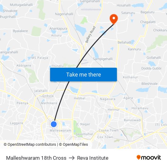 Malleshwaram 18th Cross to Reva Institute map